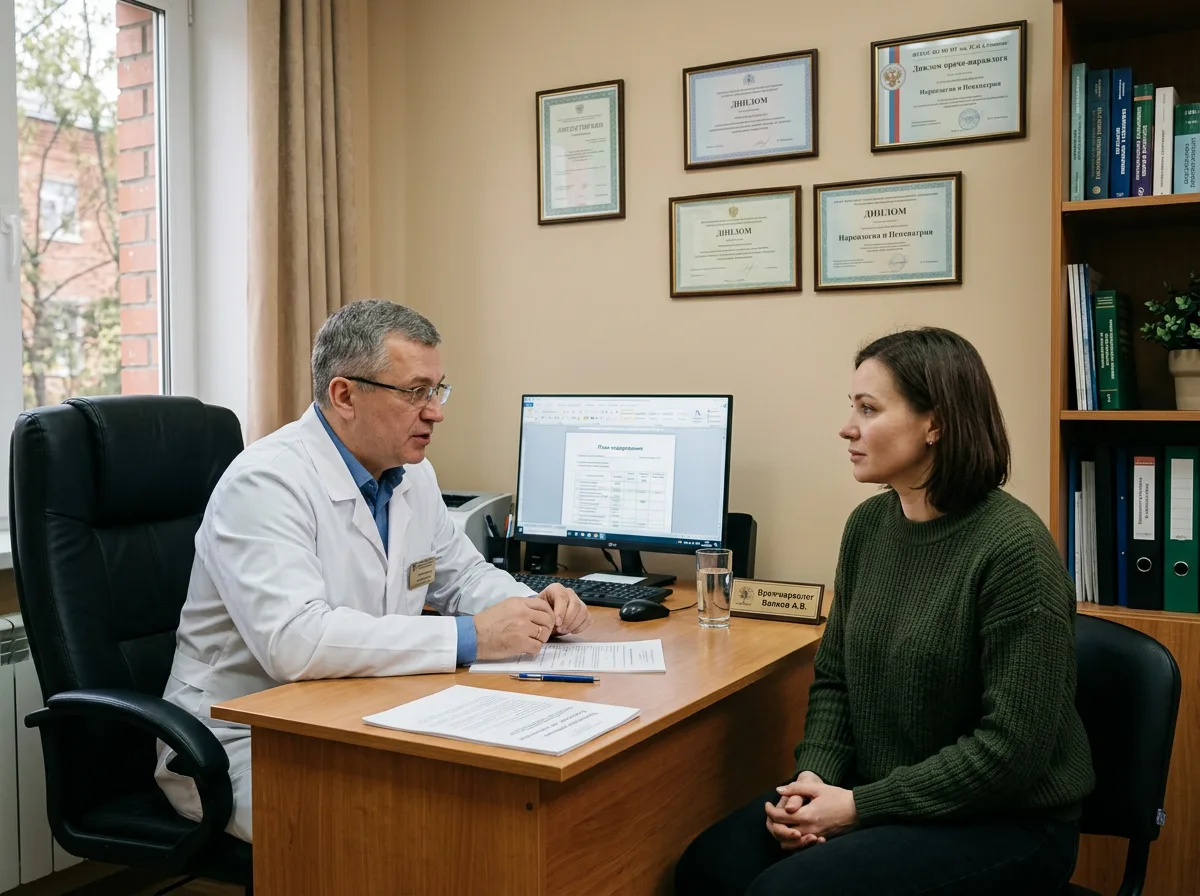 Кабинет врача-нарколога, специалист беседует с пациентом о кодировании от алкоголизма, медицинские дипломы на стене, доверительная обстановка