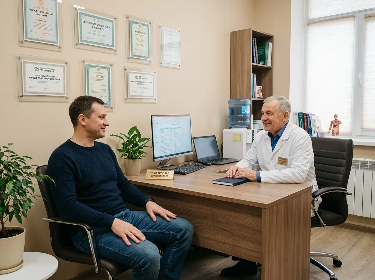 Пациент на амбулаторном приёме у нарколога в современной клинике, кабинет врача, медицинские сертификаты на стенах, дружелюбная атмосфера без стресса
