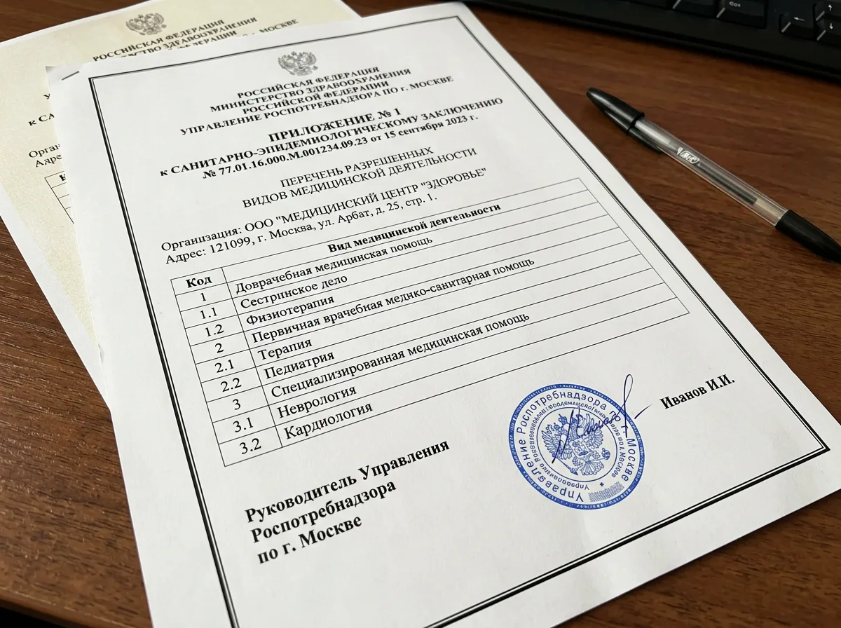 Приложение к санитарно-эпидемиологическому заключению с перечнем разрешённых видов медицинской деятельности, официальный документ с подписью и печатью регулятора